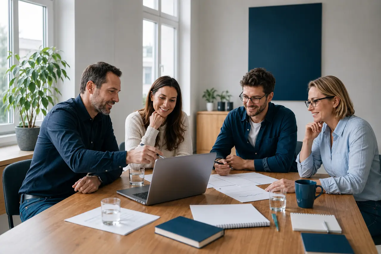 Symbolbild: Vier Personen arbeiten lächelnd in einem Local-SEO-Workshop zusammen.