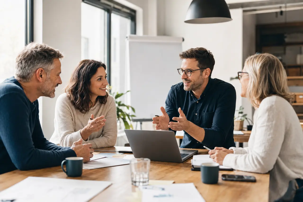 Symbolbild: Ein Berater moderiert einen lebendigen Workshop mit einem erfolgreichen Kundenteam.